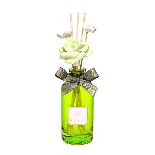 180 ml Yeşil Cam Şişe Çiçek Seramik Taş Bambu Çubuklu Geceyarısı Çiçeği Oda Kokusu