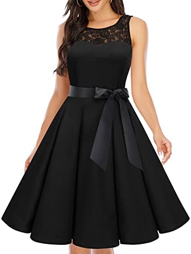 Bbonlinedress 1950s Vintage Cocktail Prom Black Homecoming Dresses for Teens Fit and Flare A-line Knee Length Rockabilly Swing Wedding Guest Tea Party Dresses Black M