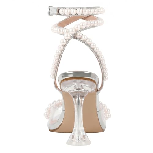 Image of Yolkomo Women's Square Toe Clear Heels Sexy Rhinestone Bow Heels Open Toe Ankle Strap Stiletto High Heel Sandals