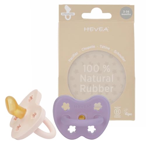 HEVEA Natural Rubber Pacifier Orthodontic 3-36 Months – Hygienic One Piece Design for Newborns to Toddlers, BPA-Free, Soft &amp; Durable - Two-Pack (Powder Pink &amp; Lavender)