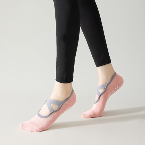 Image of Yoga Socks for Women Non-Slip Grips & Straps, Ideal for Pilates, Pure Barre, Ballet, Dance, Barefoot Workout Black+Pink
