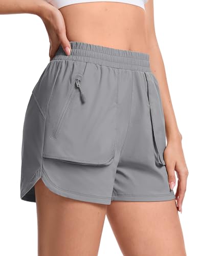 TACVASEN Womens Hiking Shorts Lightweight Athletic Casual Shorts with Zipper Pockets Workout Gym Running Water Resistant Summer Light Grey XXL