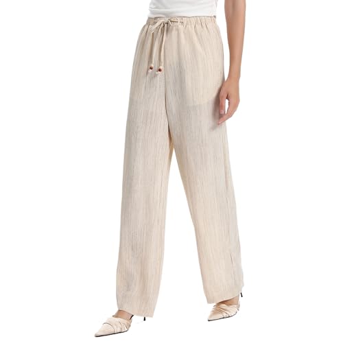Wide Leg Linen Pants with Drawstring, Casual Palazzo Style, Beige and Black