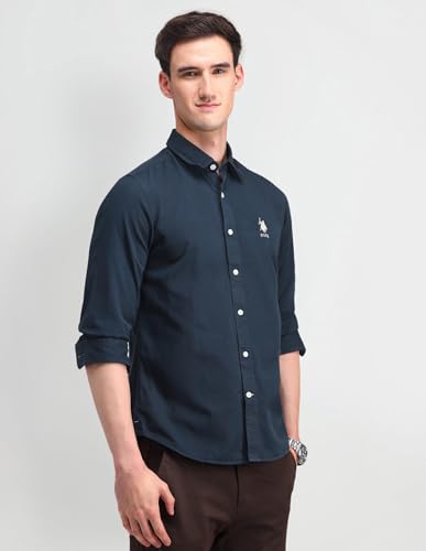 Image of U.S. Polo ASSN. Solid Slim Fit Shirts for Men - 100% Cotton, Full Sleeve Mens Casual Shirts