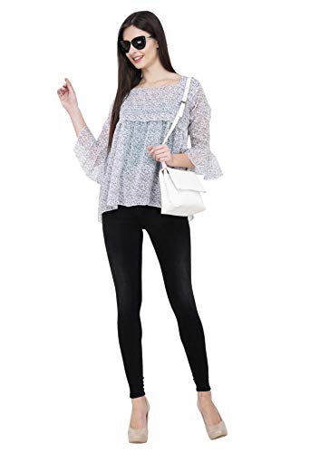 Image of POPWINGS Printed Chiffon Peplum Tops for Women || 3 /4th Sleeves Square Neck Women Tops for Summer || Stylish Western Smocking Women Tops