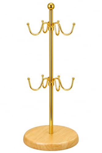 Image of Mug Holder Stand for Kitchen | 8 Hook Mug Tree & Cup Organizer with Bamboo Base | Coffee Cup Holder Stand for Countertop, Dining Table & Coffee Bar | Golden-Electroplated