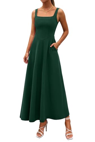 PRETTYGARDEN Womens Summer Dresses 2026 Sleeveless Elegant Square Neck Aline Swing Maxi Beach Wedding Guest Dress Pockets (Dark Green Medium)