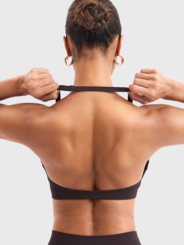 Image of YEOREO Halter Sports Bras for Women Low Impact Removable Padded Adjustable Deep V Bra Seamless Workout Gym Crop Tops