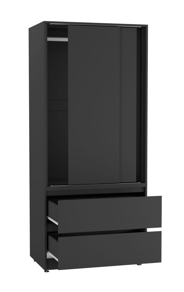 URBNLIVING 2-Door 2-Drawer Sliding Wardrobe, Modern Bedroom Storage Cupboard with Hanging Rail, Smooth Silent Sliding Doors, Adjustable Feet, Safety Wall Fixing and Mix or Match Carcass & Door Colours