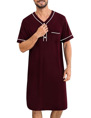 Image of SWOMOG Mens Nightgown Short Sleeve Lounge, Sleep Henley Shirt Pajama Big & Tall Nightshirt Comfy Nightwear M-3XL