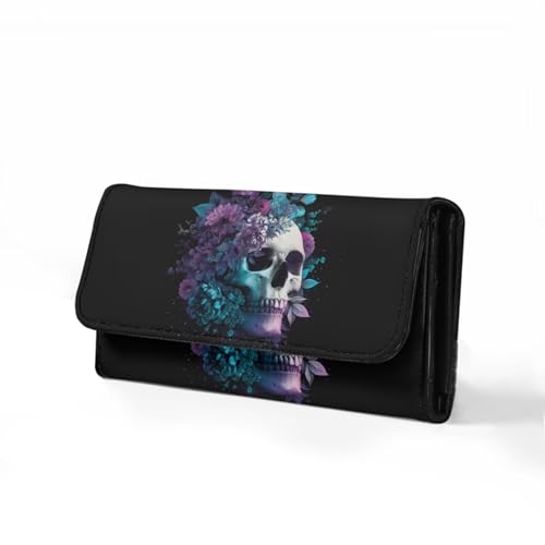 Image of AFPANQZ Women Soft Leather RFID Blocking Bifold Slim Wallets Skull Flower Pattern Ladies Credit Card Holder wtih Pocket, Credit Card Holder