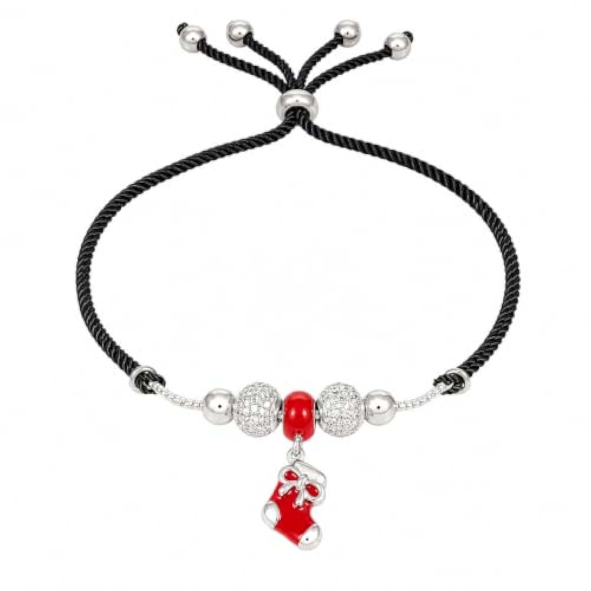 925 Sterling Silver Red Stocking Charm Bracelet with CZ Beads