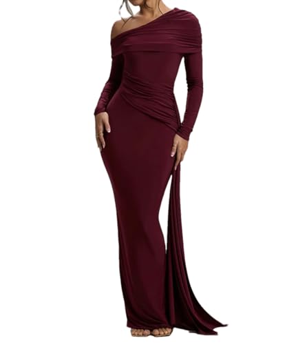 Niiyyjj Women Skew Collar Long Sleeve Sexy Maxi Dress Backless Draped Ruched Bodycon Club Long Dresses