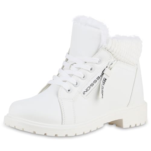 VAN HILL Damen Worker Boots Blockabsatz Zipper Bequem Schuhe 216499 Weiss 40