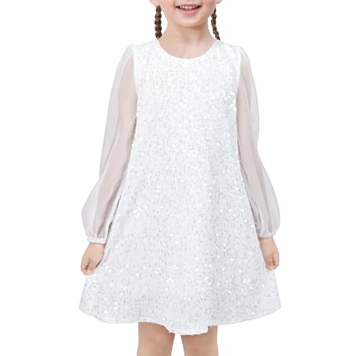 Sunny Fashion Mädchen Kleid Weiß Pailletten Schier Masche Langarm Party...