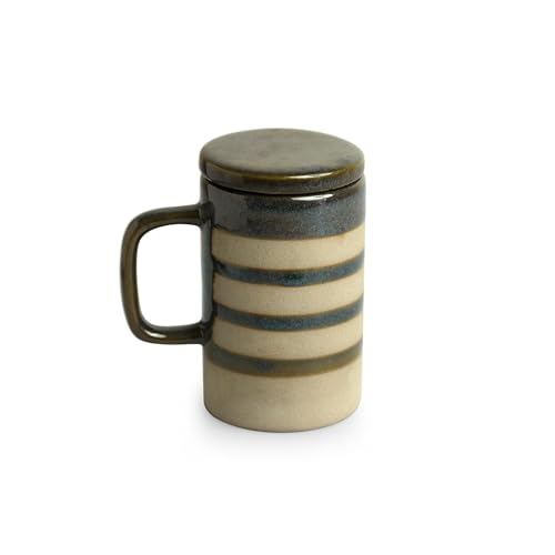 Image of ExclusiveLane 'Teal Stripes' Ceramic Green Tea & Coffee Mug with Lid (Non Air-Tight, 320 ml, Microwave Safe)|Hand Glazed Ceramic Green Tea & Coffee Mug with Lid Drinkware Ceramic Green Tea Mug