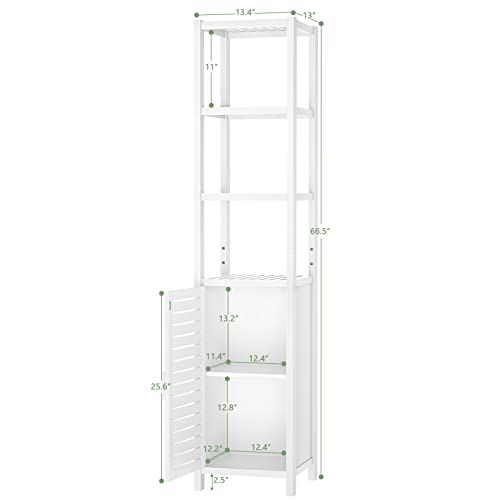 Homykic Bathroom Storage Cabinet Bamboo, 6-Tier 67 Inch Tall Narrow Linen Floor Standing Tower Cabinet Organizer With Shutter Door And Open Shelves For Kitchen, Living Room, Bedroom, White #TOP4