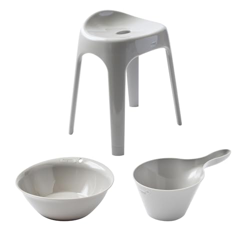 【ザッカLab.オリジナルセット】アスベル Emeal エミールS 風呂椅子セット【手おけ+湯おけ+風呂イス】座面高さ40cm グレー | バスチェア バススツール 手桶 湯桶 風呂いす ニュアンス くすみ カラー バス用品 腰掛け 浴室 洗い場 抗菌