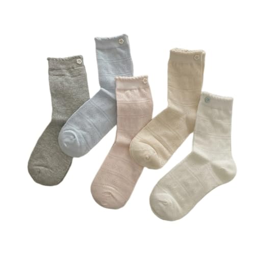 Image of 5 Pair Cute White Ruffle Ankle Socks - Women's Cottagecore Floral Crew Socks in Japanese Aesthetic Cotton