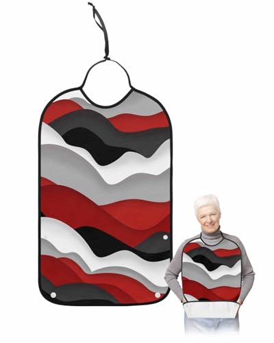 LEOKOTI Red Black Ombre Adult Bibs for Eating, Waterproof Bibs with Food Catcher & Adjustable Snap Closure, Modern Geometric Moire Abstract Art Washable Clothing Protectors Adult Bibs for Elderly
