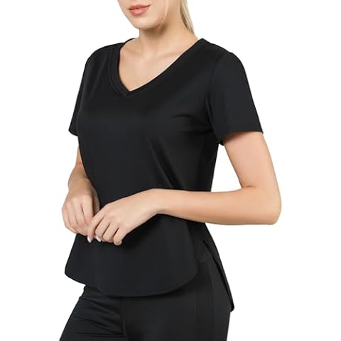 Womens Workout Tops Short Sleeves Athletic T-Shirts Running Yoga Wear Lightweight Quick Dry Fit Tee Top Sun Protection Shirts Black V-Neck Cover