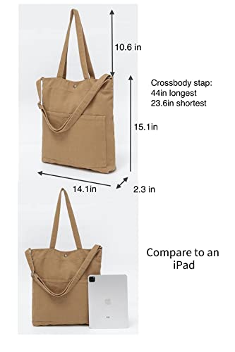 Image of Jeelow 16oz Washed Canvas Tote Bag, Heavy Duty Shoulder Crossbody Handbag, 2 Front Pockets and Snap Closure for Men and Women
