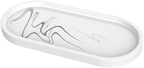 Noryika Bathroom Vanity Tray, Oval Resin Tray Toilet Tank Storage Tray Decorative Catchall Tray Countertop Closet Dresser Storage Organizer for Soap Candles Towel Plant Jewelry Ring Dish, Marble White