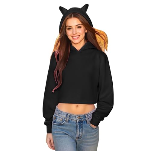 Generisch Sudadera con capucha para mujer, sudadera con capucha monocolor, con orejas de gato, forro polar corto, ropa de calle, ropa exterior de moda, Negro , XS