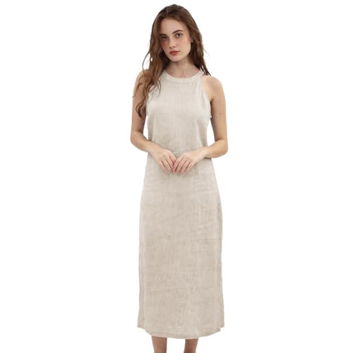 Robe d'été lin femme col rond légère sans manches coupe décontractée