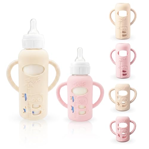 4-Pack Silicone Sleeves for Dr. Browns Glass Baby Bottles BPA-Free Drop-Resistant Baby Bottle Sleeves with Handles Compatible with Dr Browns Anti-Colic Narrow Glass Baby Bottles (4 & 8 oz)