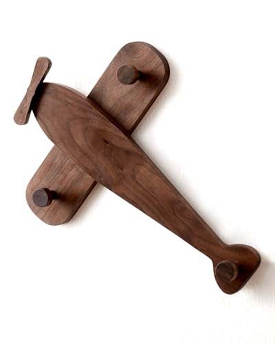 Vinoil Kids Coat Rack Wall Mount, Airplane-Shaped Wooden Wall Coat Hooks for Kids, Cute Walnut Coat Hanger Heavy Duty for Bathrooms, Door, Entryway, Kids Room, or Nursery