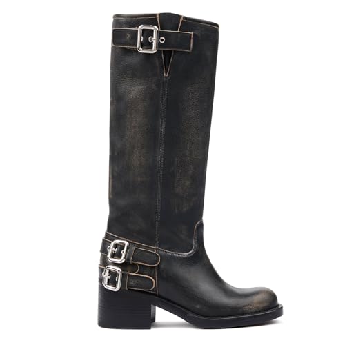 Black Women's Knee High Boots Motorcycle Boot Comfortable Pull On Square Toe Chunky Low Heel Fashion Vintage Metallic Buckles Biker Riding Boots.