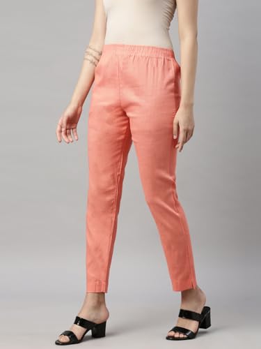 Image of MINELLI Women Solid Cigar Pants, Cotton Lycra Slub Fabric, Elasticated Waistband, Pull On Style, Regular Fit Bottom Wear for Western and Ethnic Wear