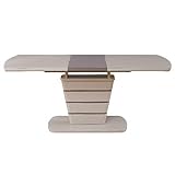 Moderna mesa extensible está disponible en dos combinaciones de colores. La parte superior de la mesa está hecha de tablero DM de alto brillo en color básico y recubierta con cristal en color semibrillante pero mate. Las extensiones están hechas de tablero de fibra de densidad media, revestidas en contraste de color oscuro con alto brillo. El pilar está hecho de MDF en color básico brillante con líneas horisontales en contraste. La base también está hecha de MDF en color básico brillante y recubierta en cristal en el mismo color pero mate. Altura de la mesa: 76 cm.