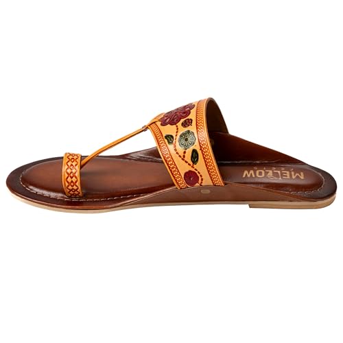 Image of Women Ladies Kolhapuri Genuine Leather Chappal Flats - Slip on Traditional Handcrafted Ethnic and Casual Toe Ring Sandals
