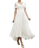 Damen Vokuhila Brautkleid A-Linie Hochzeitskleid Standesamt Chiffon Spitze mit Ärmel Lang Elfenbein Kleid Elfenbein 46