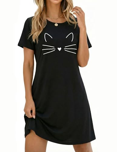 Ekouaer Womens Nightgown Short Sleeve Night Shirt Crewneck Printed Casual Sleepshirt Black Cat M