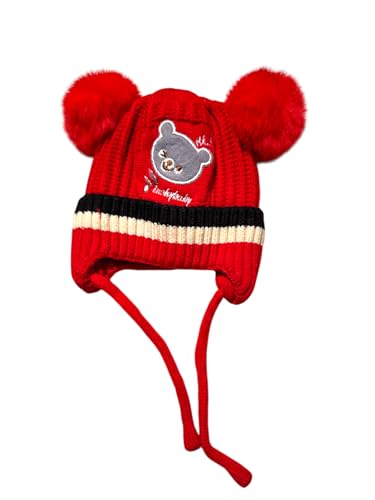 Kids Winter Beanie Hat with Bear Design and Pom Poms, Double Layer Knit, 5 Colors