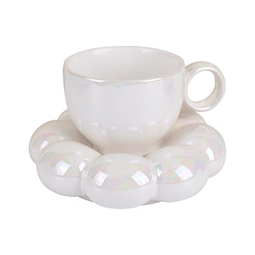 Koythin Ceramic Coffee Mug with Saucer Set, Creative Cute Cup with Sunflower Coaster for Office and Home, 6.5 oz/200 ml for Tea Latte Milk (Pearl White) - Image 4