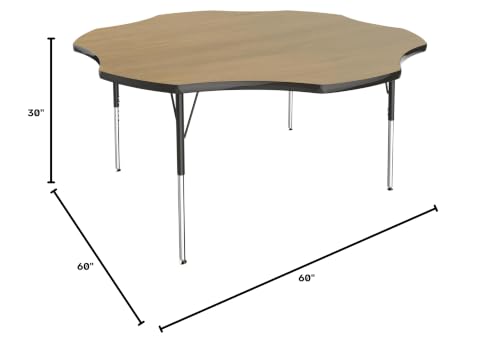 Image of FDP Flower (60 x 60 inch) Collaborative Classroom Table with Adjustable Standard Swivel Glide Legs (19-30 in); School and Office Furniture - Pasadena Oak Top /Black Edge and Legs