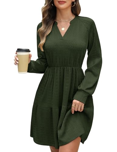 CMTOP Strickkleid Damen Herbst Elegant Kleider Langarm V-Ausschnitt Pulloverkleid Herbstkleid Gestrickt Freizeitkleider Elastische Hohe Taille Tunika A Linien Kleid mit Taschen