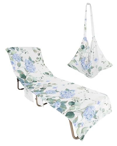 Eucalyptus Hydrangea Beach Chair Towel Covers for Chaise Lounge With Side Pocket, Soft Plush Pool Towels Cover for Patio Sunbathing Outdoor 29''x85'' Watercolor Flowers Rustic Chic Plant