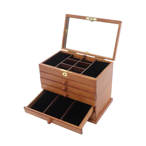 EasegantEl Wooden Jewelry Box,Coffret à Montres,Velvet Jewelry Organizer,6 Layer Storage Cabinet,Mirror Included, Lockable, Elegant Vintage Design,Home Bedroom Gift