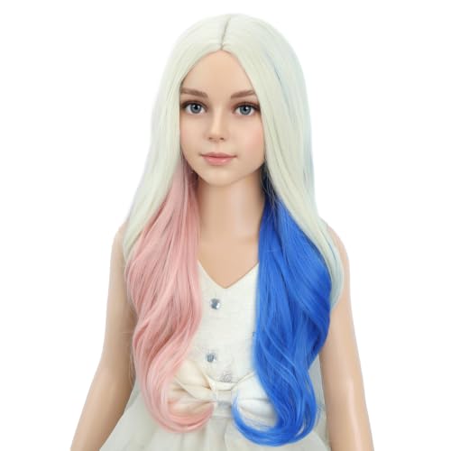 Image of PATTNIUM Pink and Blue Wavy Wig for Girls Kids Long Wavy Curly Wig Blonde Mixed Pink Blue Wigs Cosplay Halloween Party Wigs