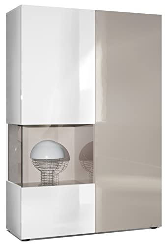 Vladon Vitrine Kommode Hochschrank Morena, Made in Germany, Korpus in Weiß matt/Rechte Tür und der Einsatz in Sandgrau Hochglanz