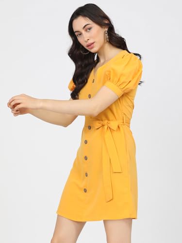 Image of Tokyo Talkies Women's Playful Mini A-Line Dress with Button-Front & Drawstring Sleeves