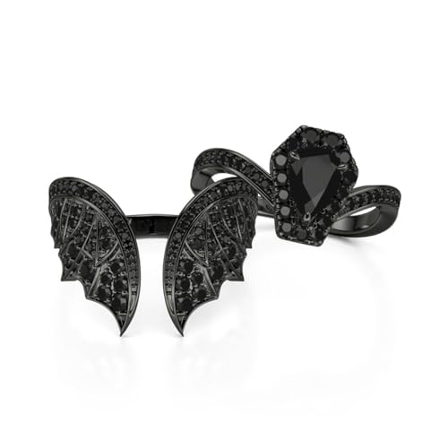 Image of Jeulia Unique Gothic Design 925 Sterling Silver Pear Cut Bat Coffin Promise Engagement Wedding Ring Set with Diamond Wings Bridal Jewelry Gift Box