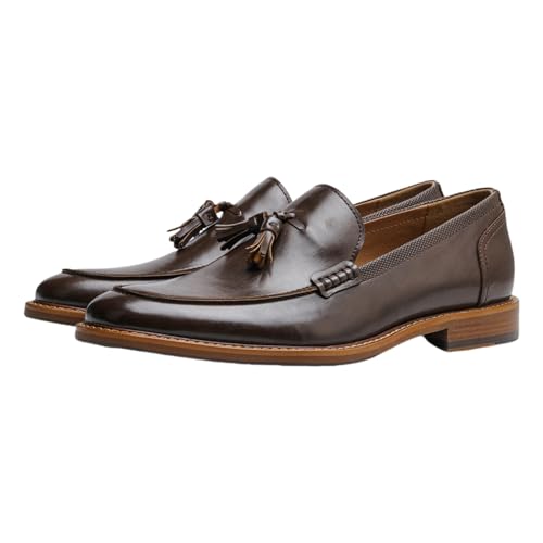 Mens Tassel Loafers Dress Shoes Slip-on Leather Moccasins Hand-Stitched Wooden Sole Penny Dress Loafers for Men