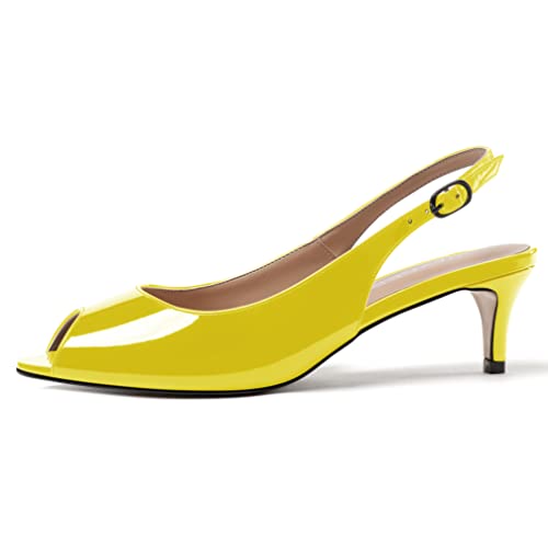Wayderns Women's Yellow Green Peep Toe Slingback Patent Leather Low Heel Kitten 2 Inch Pumps Ladies Cute Dress Shoes Size 8 - Zapatos Bajitos #TOP1
