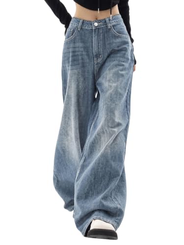 EMMIOL Jeans for Women Wide Leg Baggy Jeans Y2K Casual Loose Boyfriends Trousers Vintage Streetwear Light Blue,XL